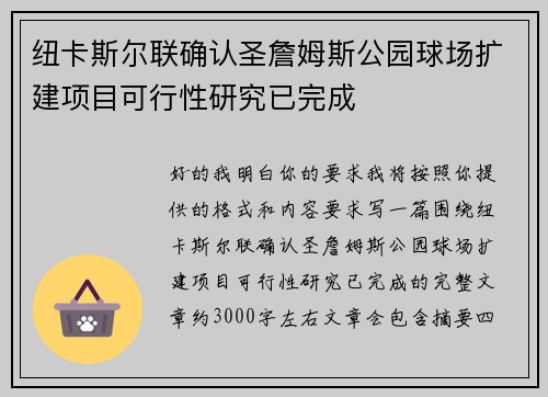 纽卡斯尔联确认圣詹姆斯公园球场扩建项目可行性研究已完成
