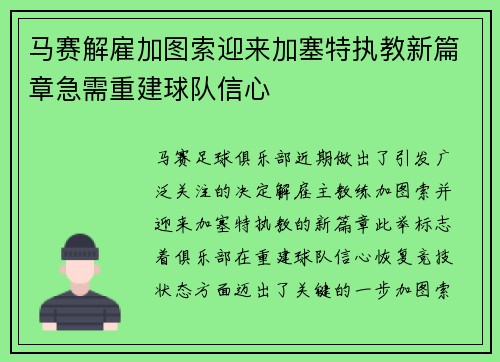 马赛解雇加图索迎来加塞特执教新篇章急需重建球队信心 马赛解雇加图索迎来加塞特执教新篇章急需重建球队信心