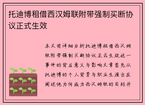 托迪博租借西汉姆联附带强制买断协议正式生效 托迪博租借西汉姆联附带强制买断协议正式生效