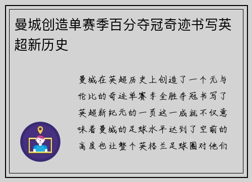 曼城创造单赛季百分夺冠奇迹书写英超新历史